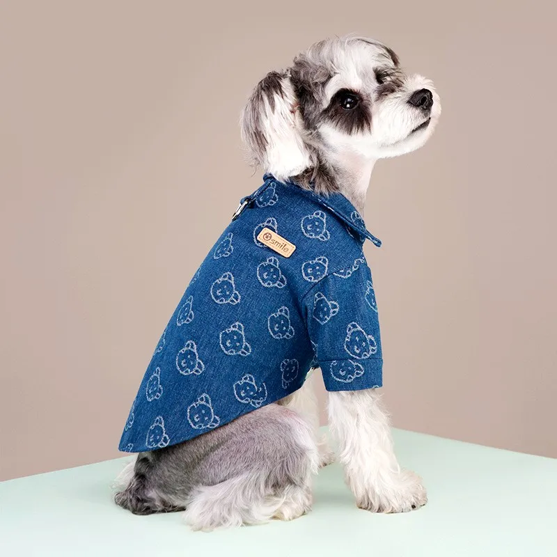 Малко бяло куче, облечено в дънкена риза Denim Smile, позиращо в градска среда