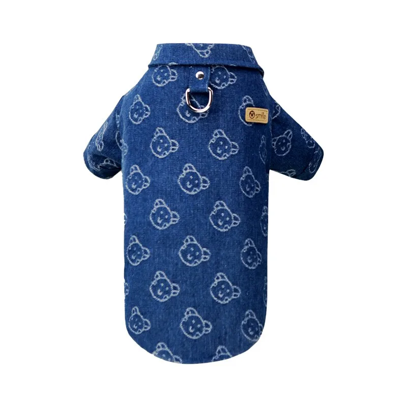 Стилна дънкена риза за куче Denim Smile със забавни нашивки и жълти акценти.